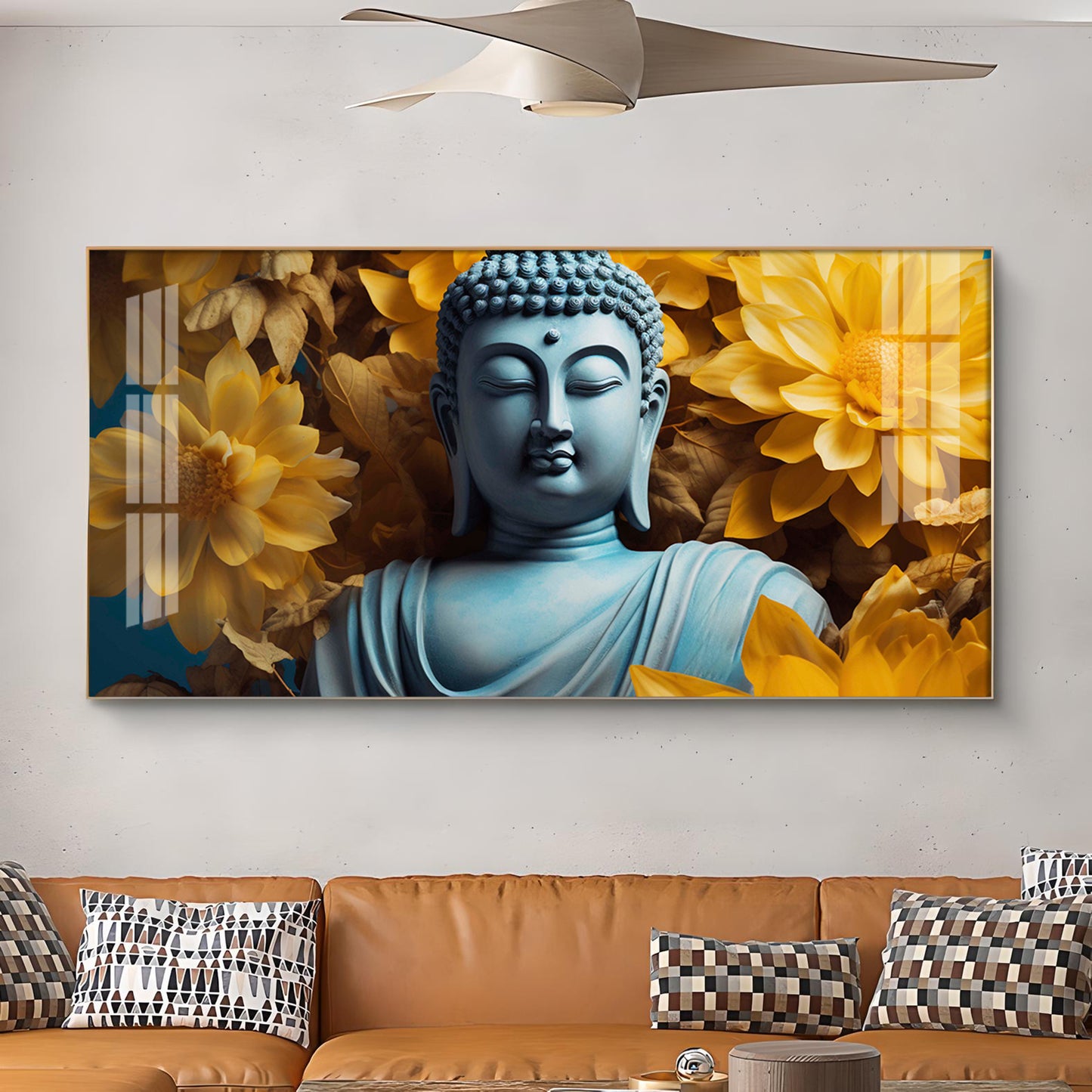 Majestic Buddha With Flower Glass Finish Horizontal Wall Art