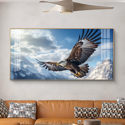 Eagle Flying Over Mountains Glass Finish Horizontal Wall Art