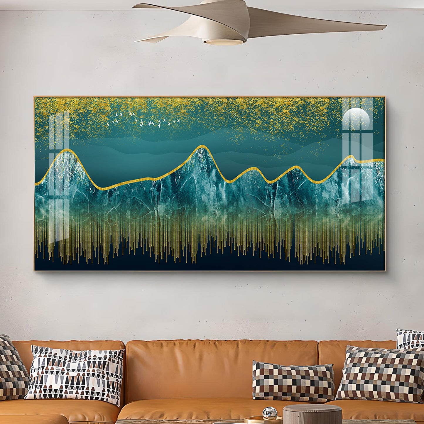 Dark Turquoise Mountains Glass Finish Horizontal Wall Art