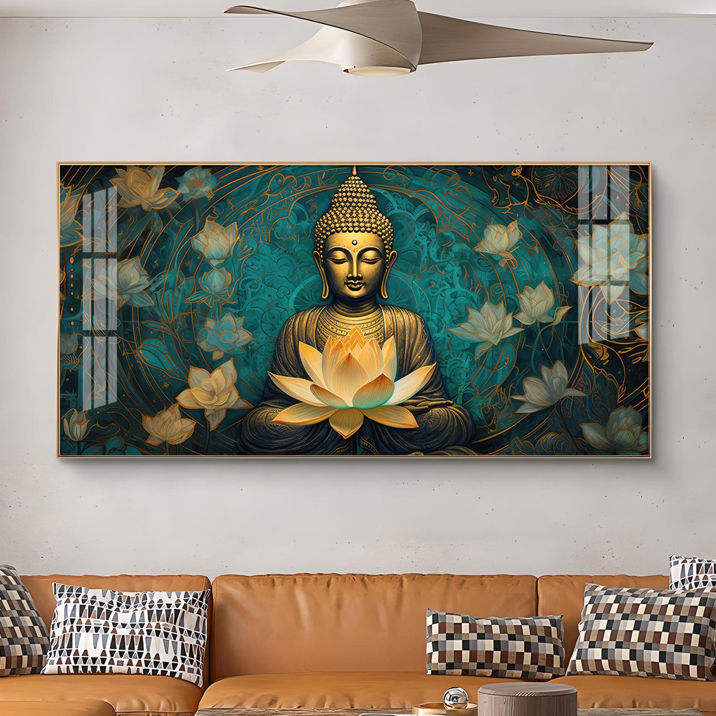 Golden Buddha With Lotus Glass Finish Horizontal Wall Art