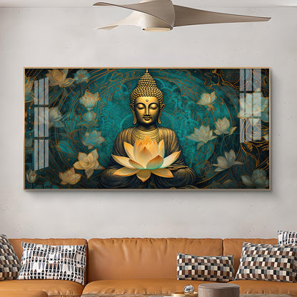 Golden Buddha With Lotus Glass Finish Horizontal Wall Art