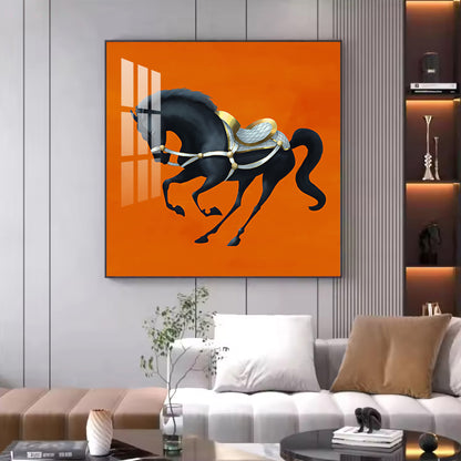 Jumping Horse In Orange Horizon Glass Finish Square Wall Art