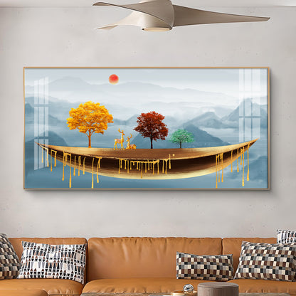 Golden Abstract Landscape Art Colored Line Tree Glass Finish Horizontal Wall Art