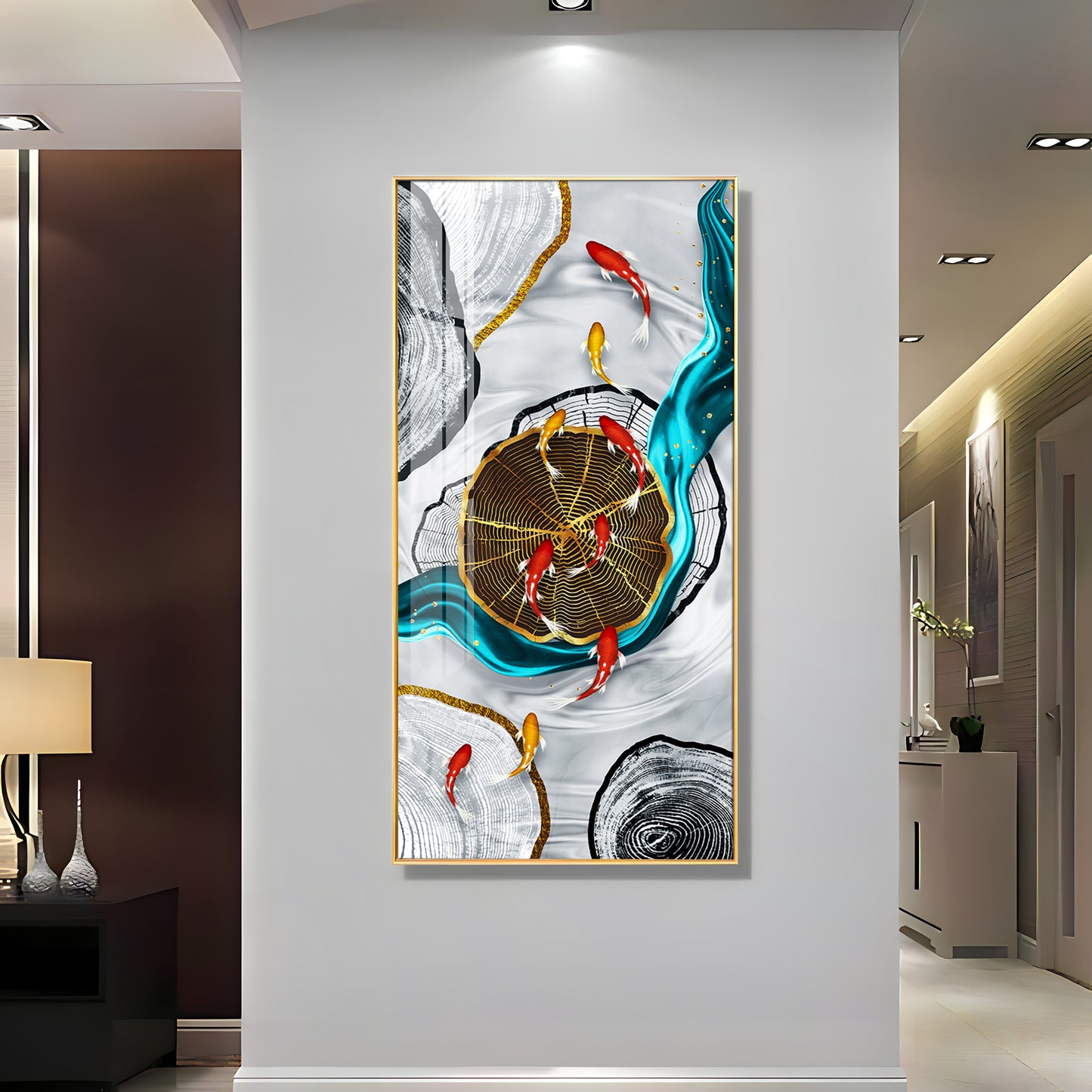 Tranquil Fish Pond Glass Finish Vertical Wall Art