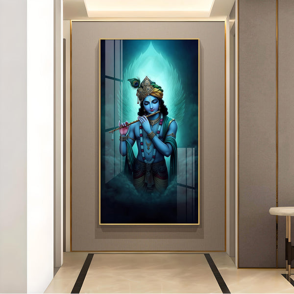 Spiritual Krishna In Vibrant Color Glass Finish Vertical Wall Art