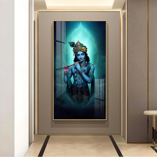 Spiritual Krishna In Vibrant Color Glass Finish Vertical Wall Art