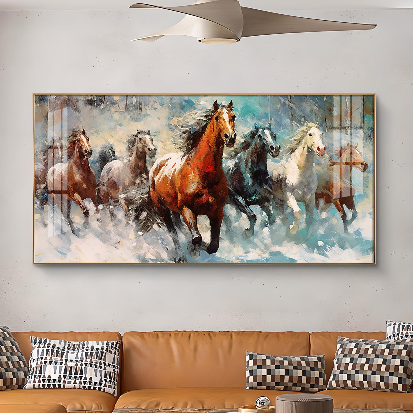 Running Horses Vastu Glass Finish Horizontal Wall Art