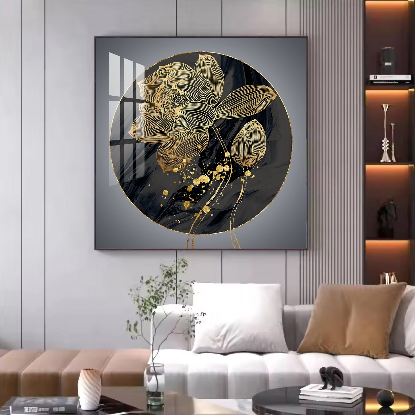 Golden Petal Grandeur Glass Finish Square Wall Art