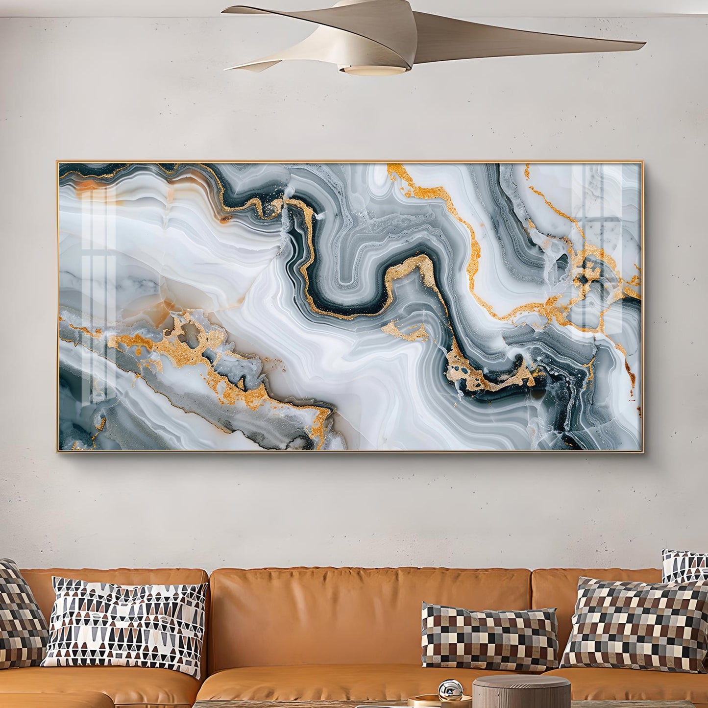 Modern Abstract Golden & Gray Glass Finish Horizontal Wall Art