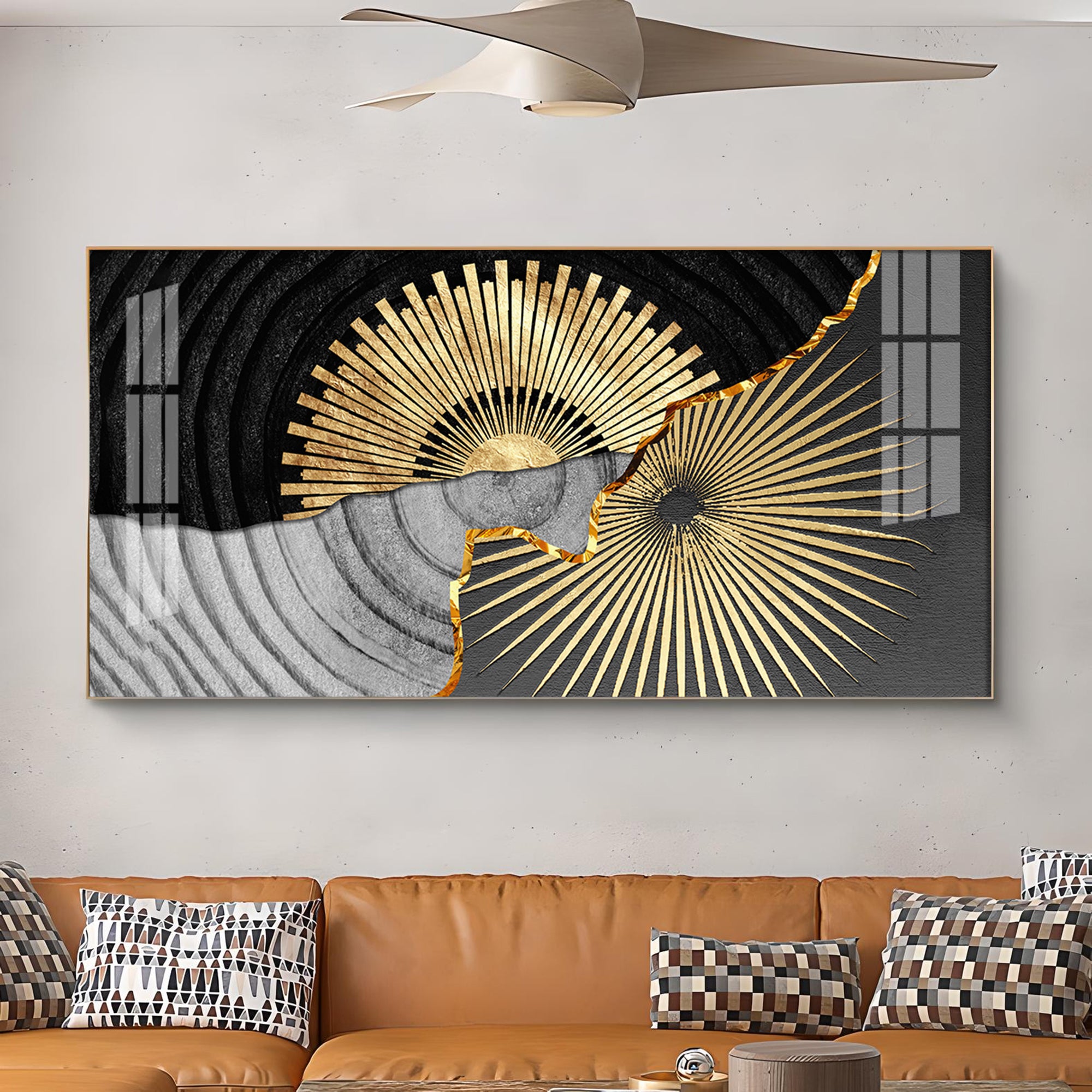 Golden Texture Fusion Glass Finish Horizontal Wall Art