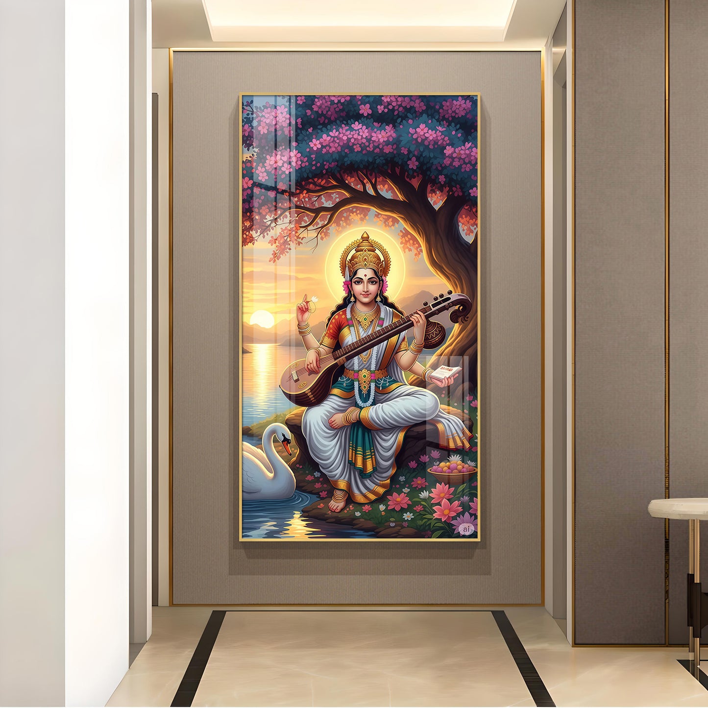 Goddess Saraswati Glass Finish Vertical Wall Art