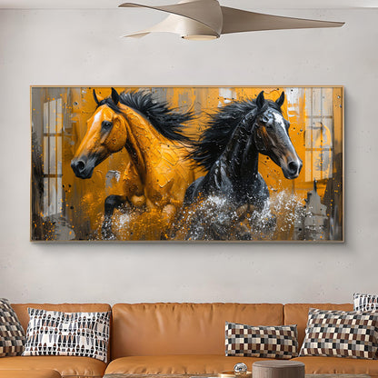 Two Horses Glass Finish Horizontal Wall Art