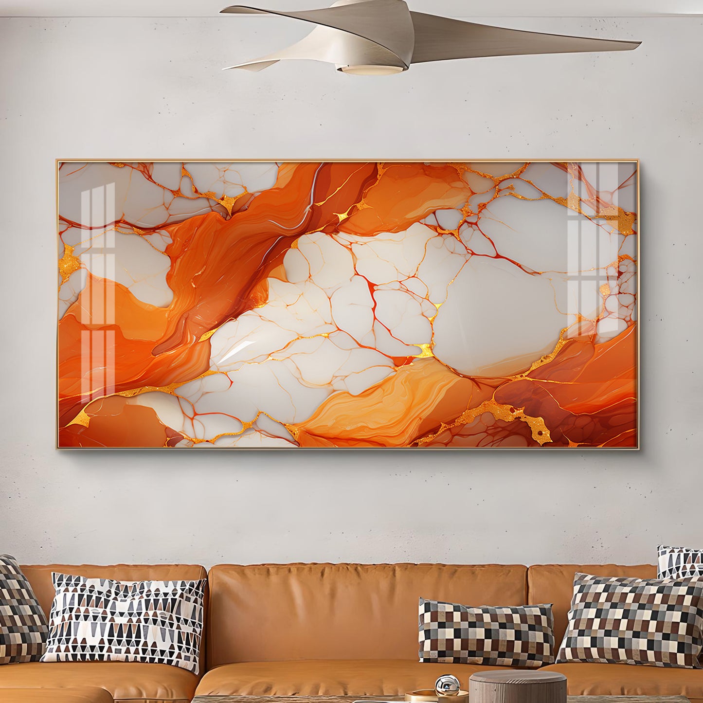 Marble Ink Orange Glass Finish Horizontal Wall Art