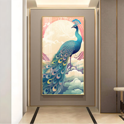 Heavenly Peacock Vista Glass Finish Vertical Wall Art