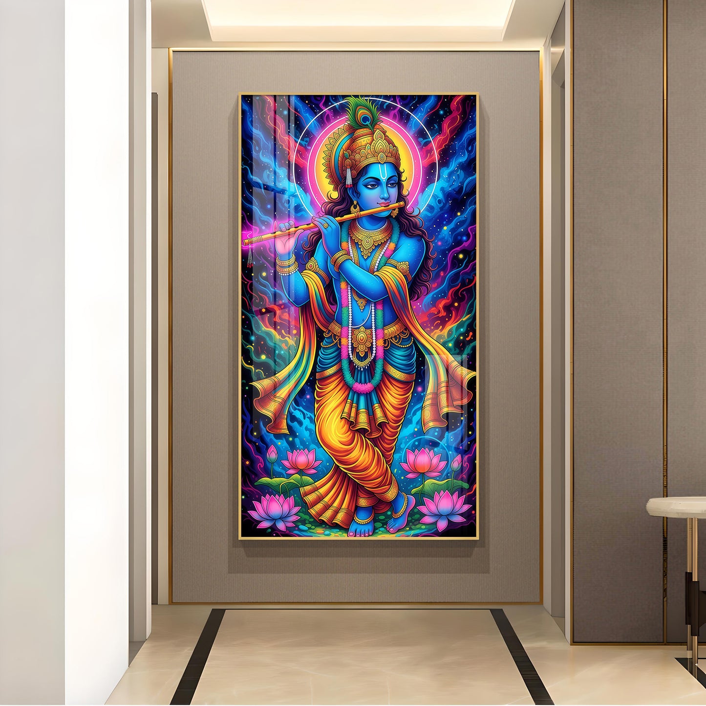 Jai Shree Krishna Glass Finish Vertical Wall Art