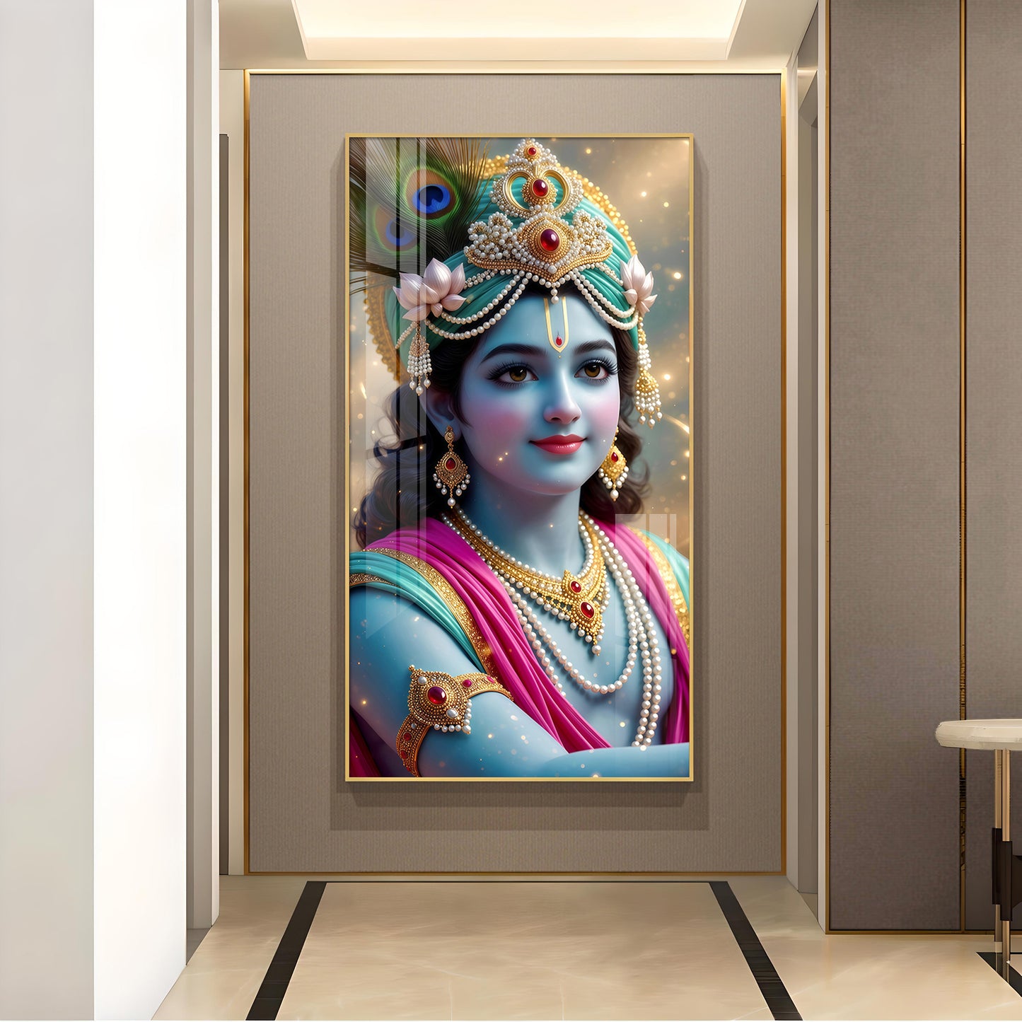 Lord Jai Shri Krishna Glass Finish Vertical Wall Art