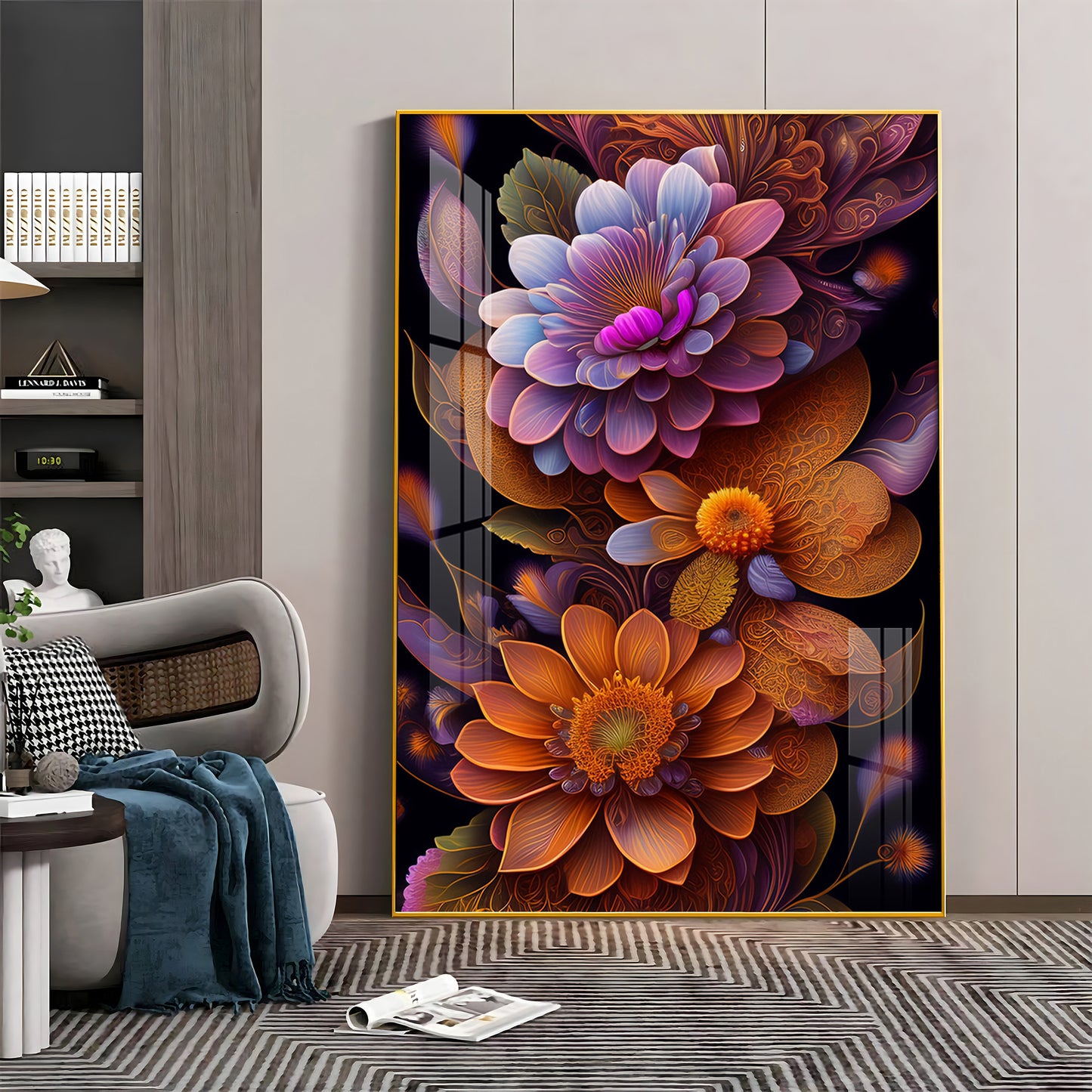 Floral Symphony Glass Finish Vertical Wall Art