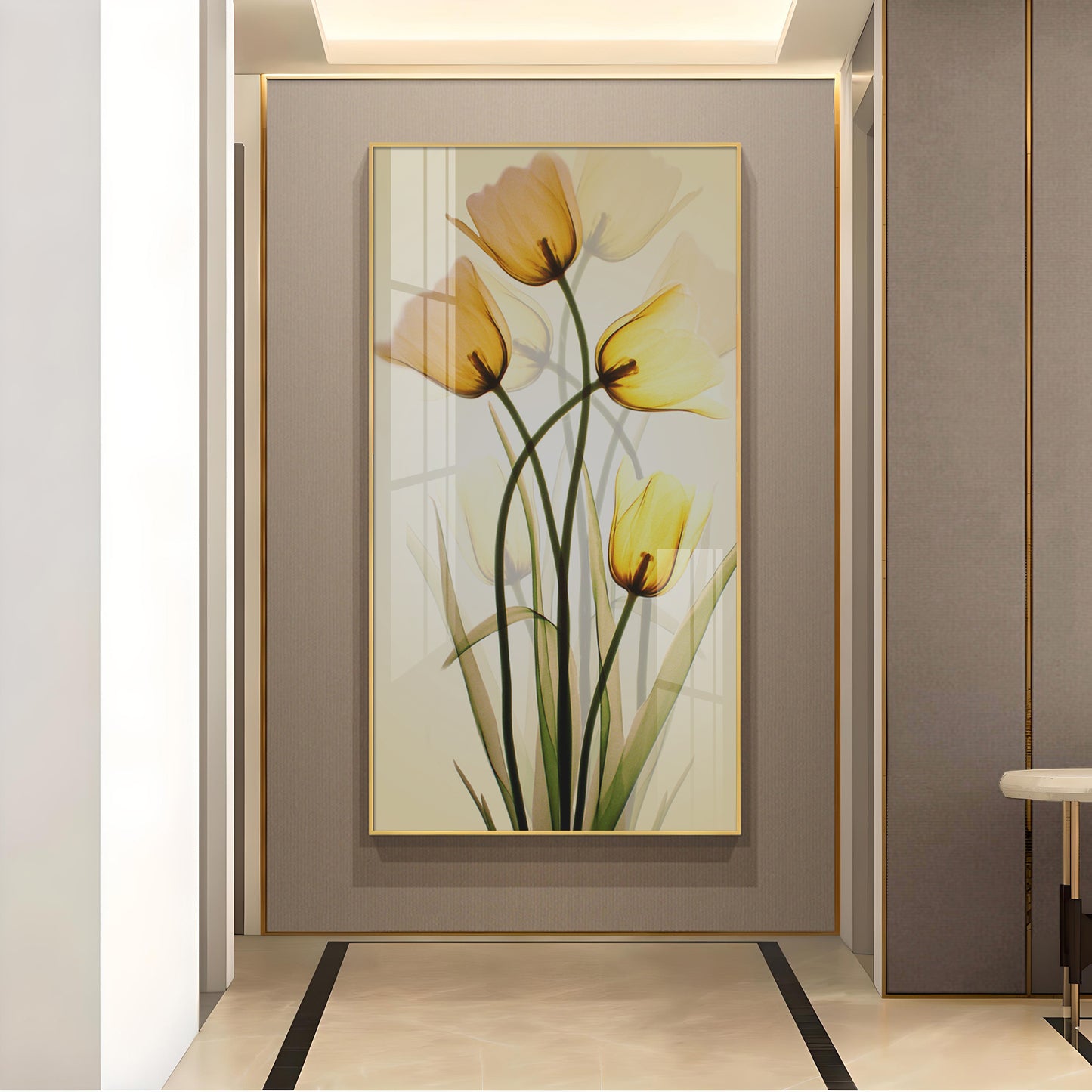 Radiant Yellow Tulips Glass Finish Vertical Wall Art