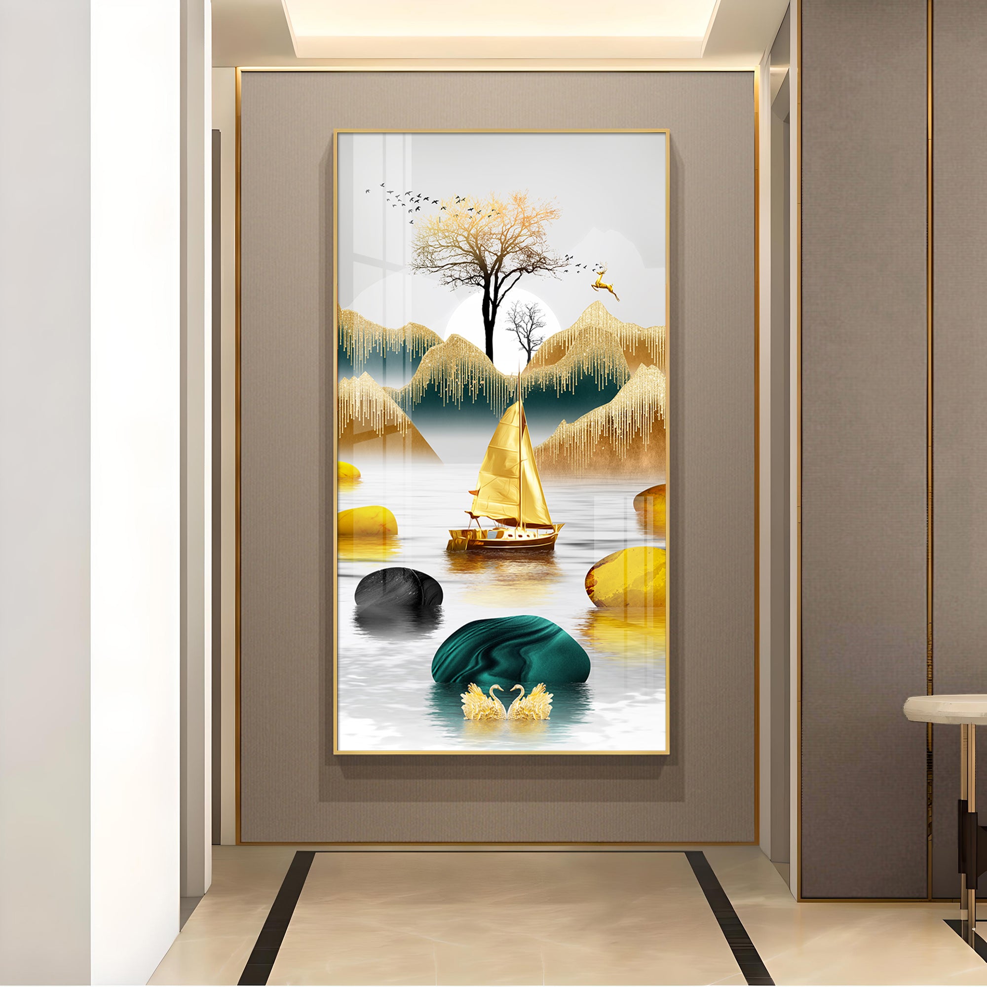 Lakeside Elegance Glass Finish Vertical Wall Art