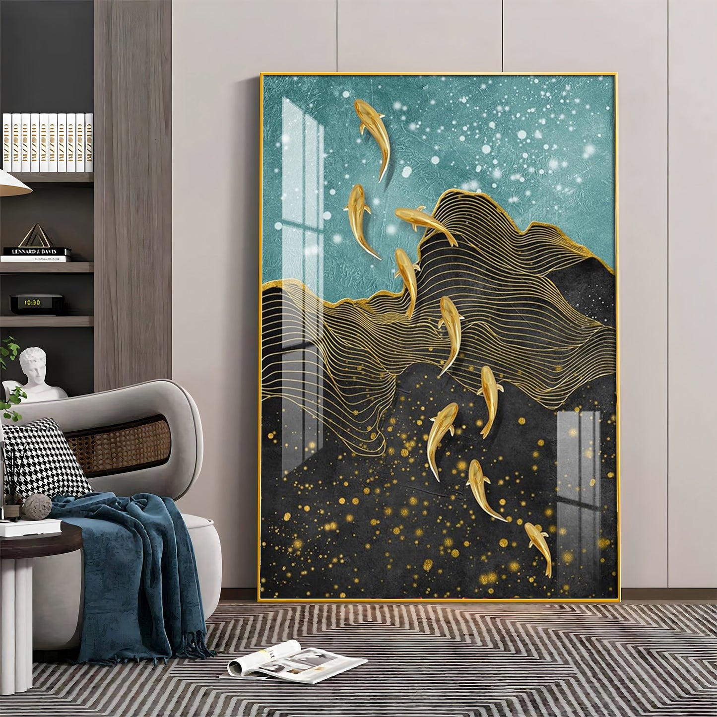 Black Gold Aquatic Fish Glass Finish Vertical Wall Art