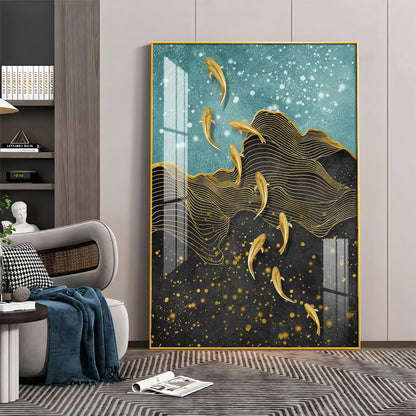 Black Gold Aquatic Fish Glass Finish Vertical Wall Art