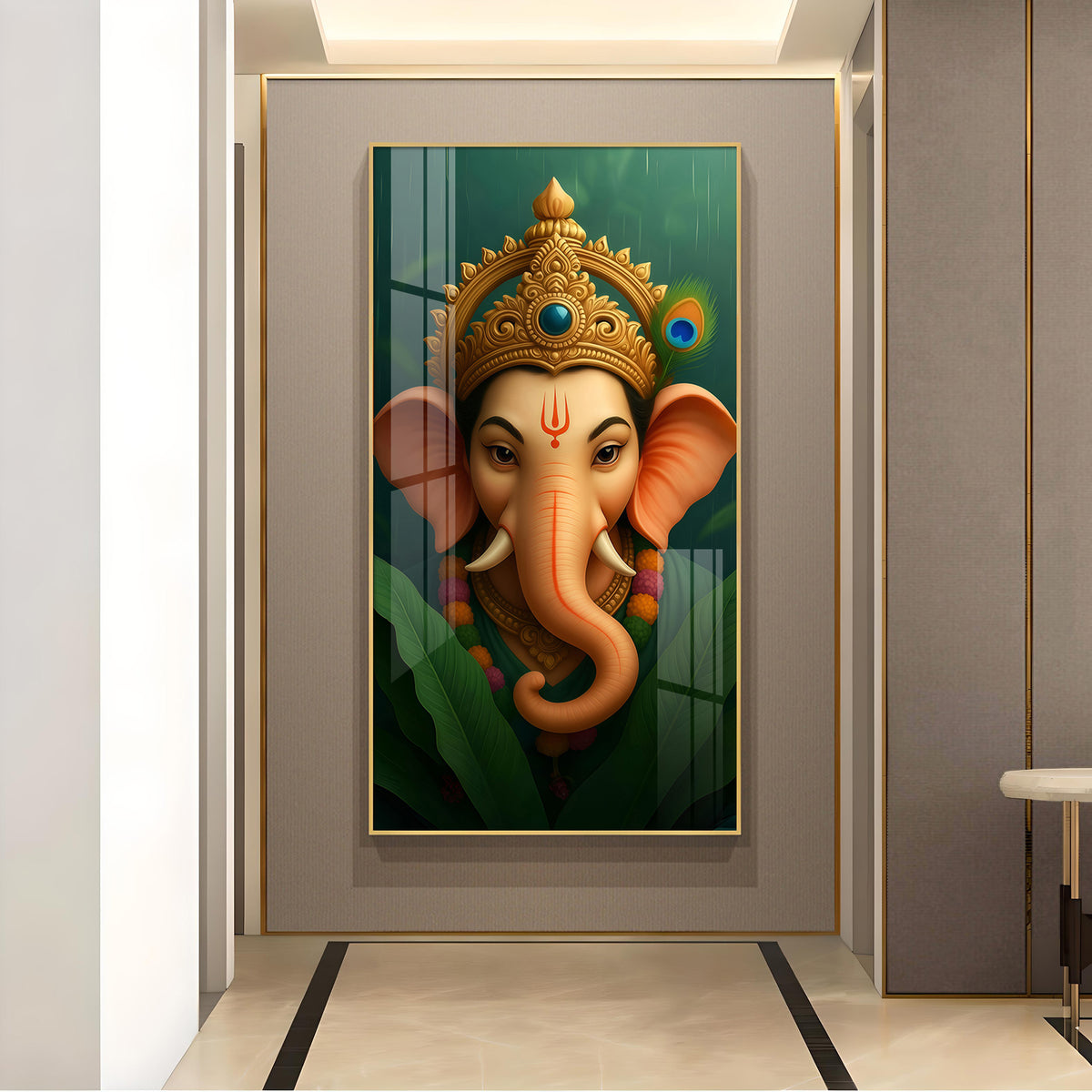 Vibrant Lord ganesha Artwork Glass Finish Vertical Wall Art