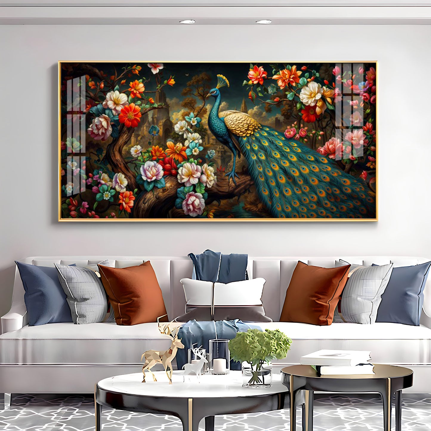 Peacock In Colorful Blossom Glass Finish Horizontal Wall Art