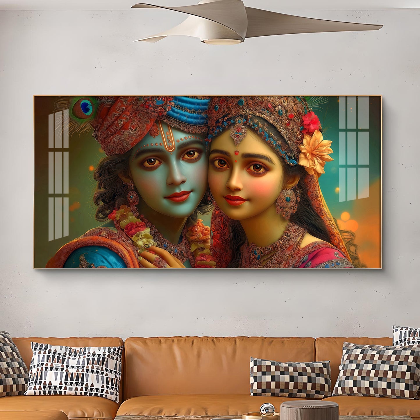Lord Shri Radha And Krishna Loving Glass Finish Horizontal Wall Art