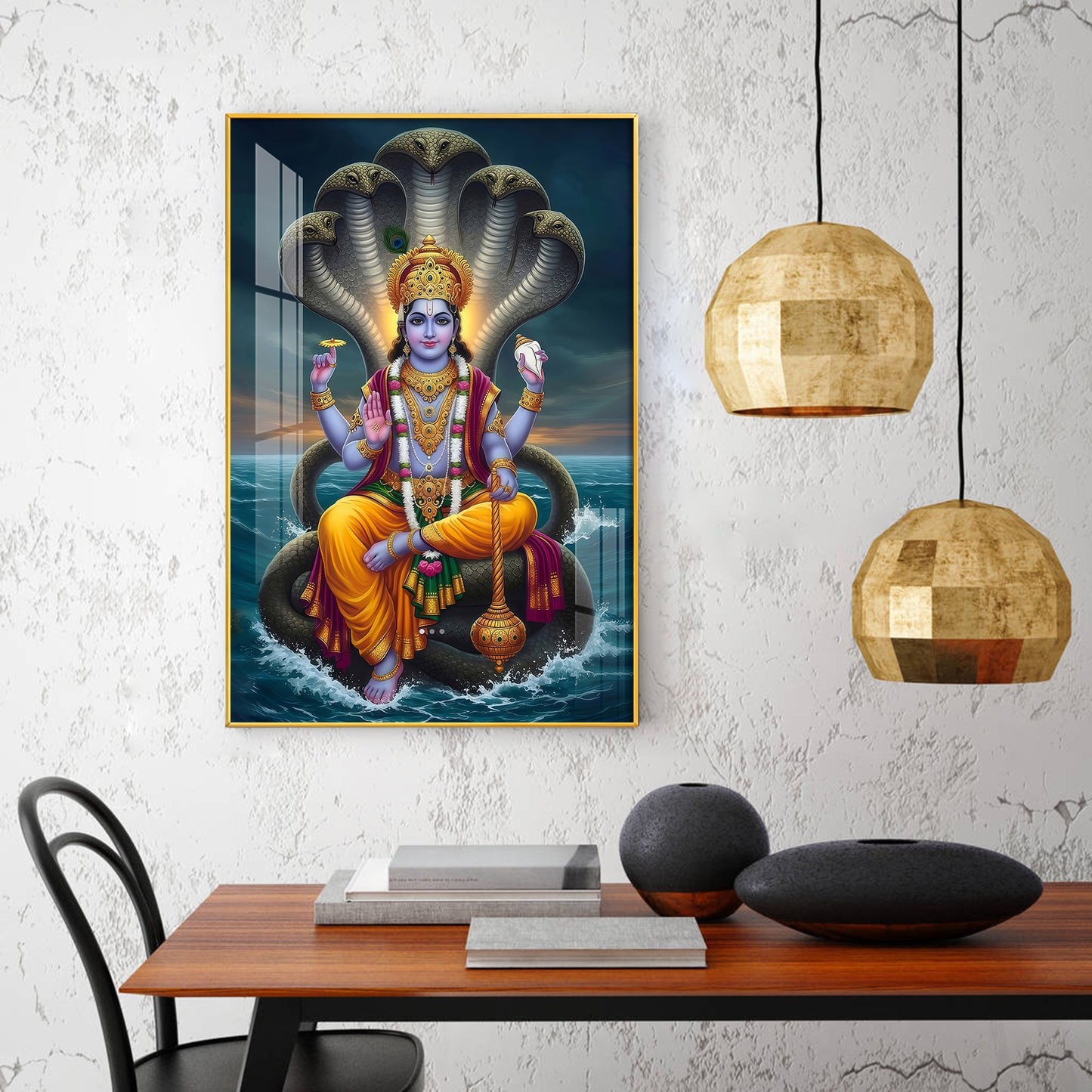 Jay Vishnu Bhagwan Glass Finish Vertical Wall Art