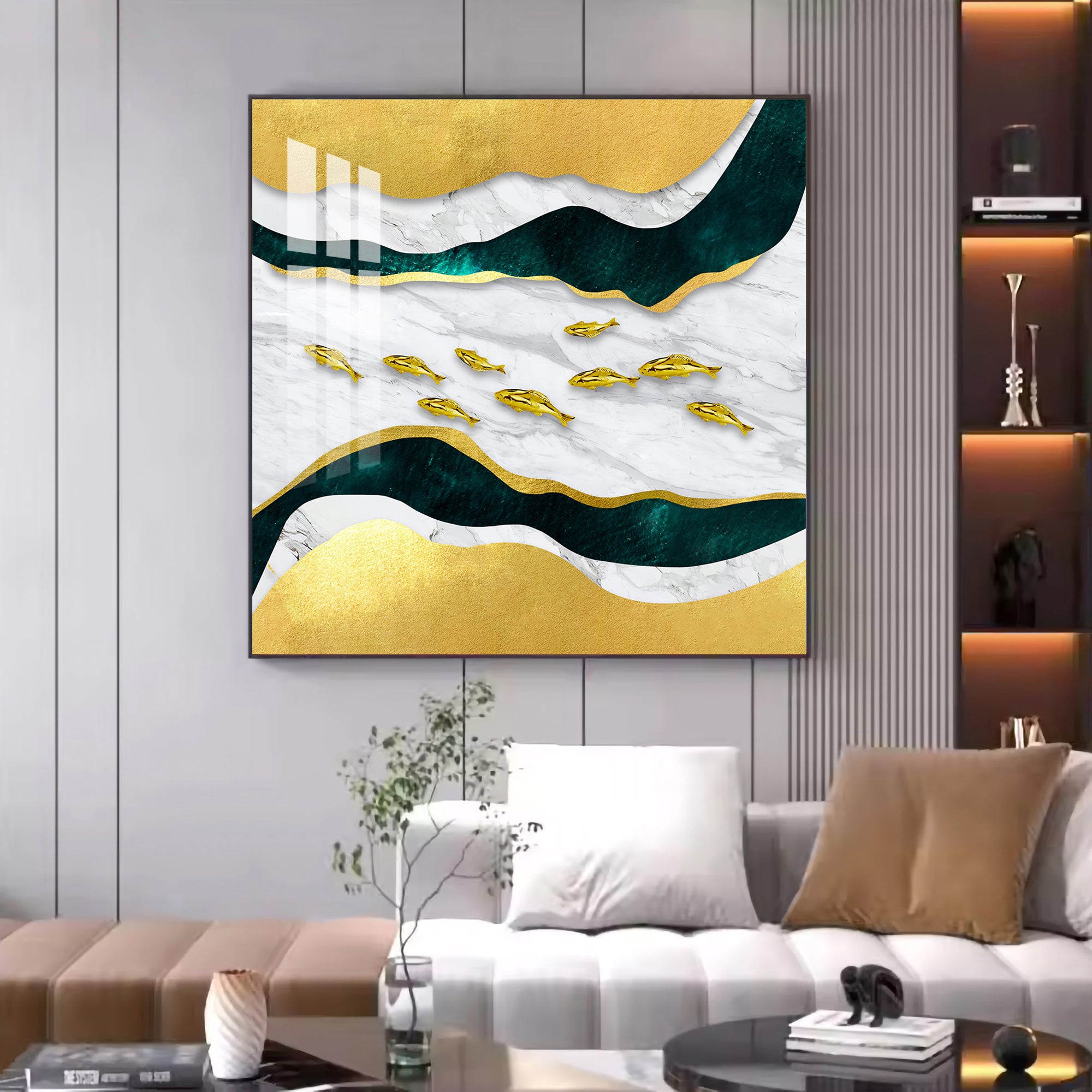 Golden Abstraction Of Fishes Glass Finish Square Wall Art