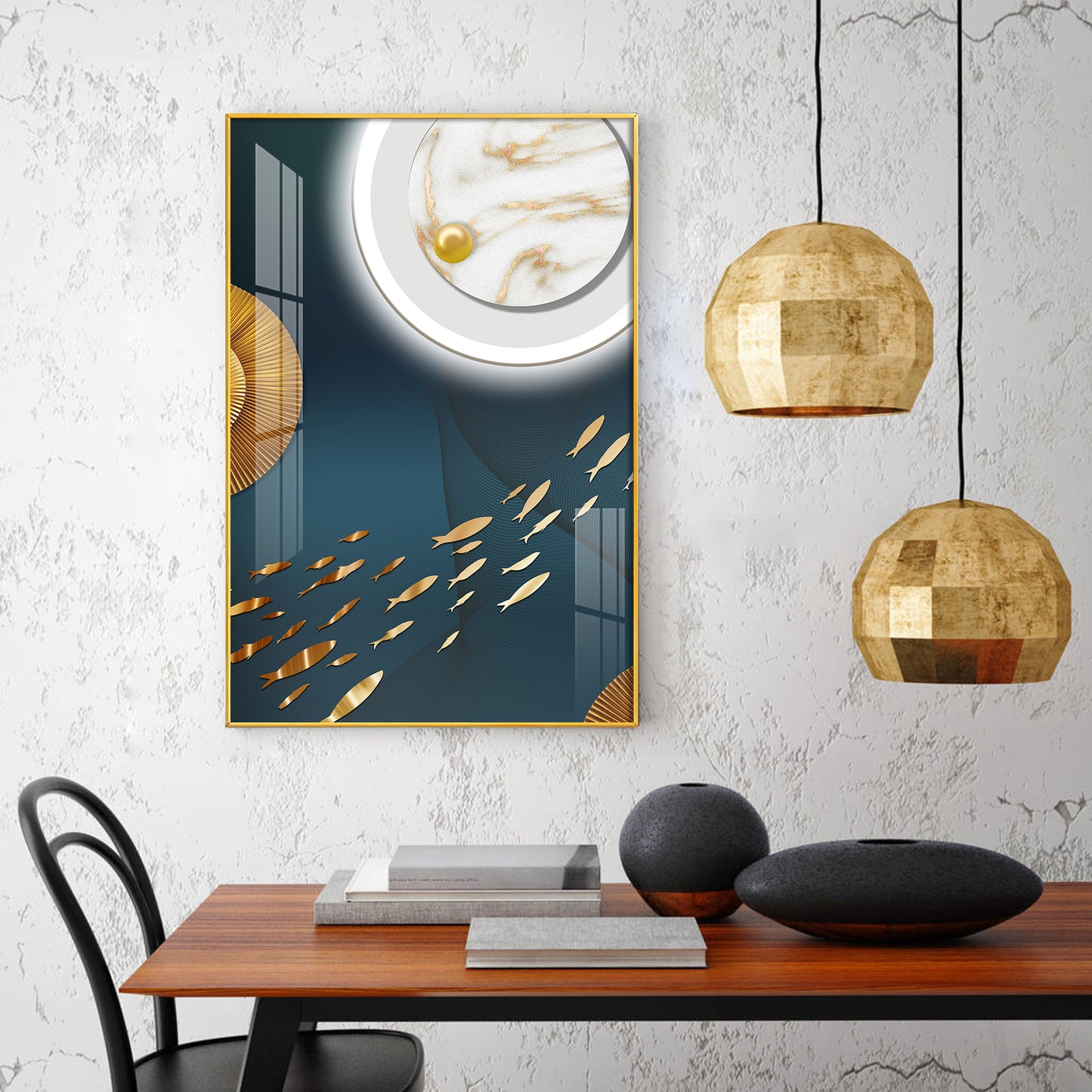 Tranquil Fish In White Space Glass Finish Vertical Wall Art