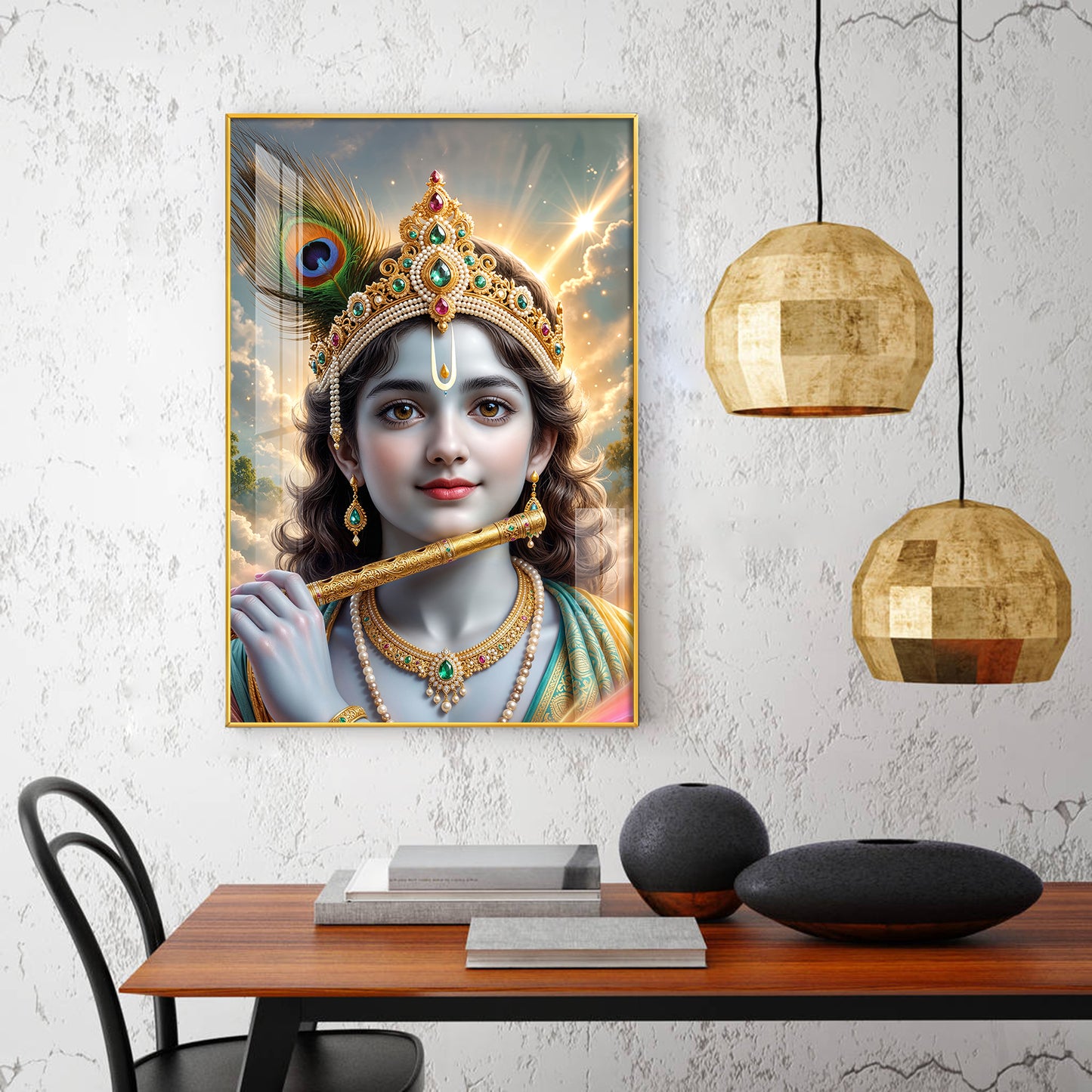 Shri Krishna Ji With Flute Glass Finish Vertical Wall Art