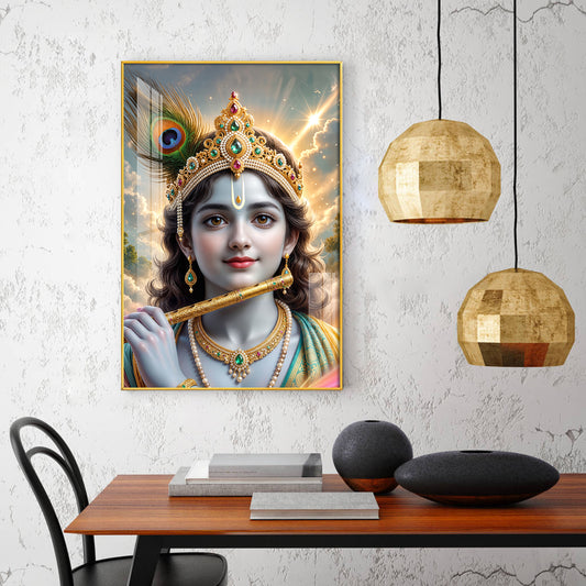 Shri Krishna Ji With Flute Glass Finish Vertical Wall Art