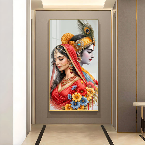Loving Radha Krishna Glass Finish Vertical Wall Art
