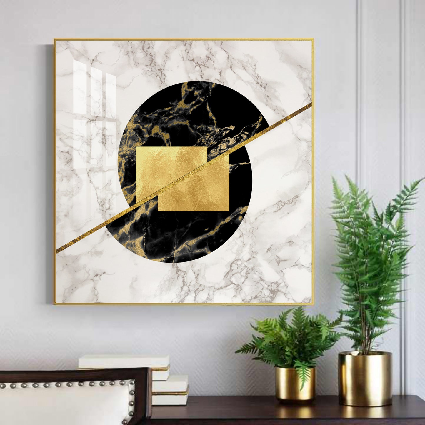 Gold-Infused Black Marble Glass Finish Square Wall Art