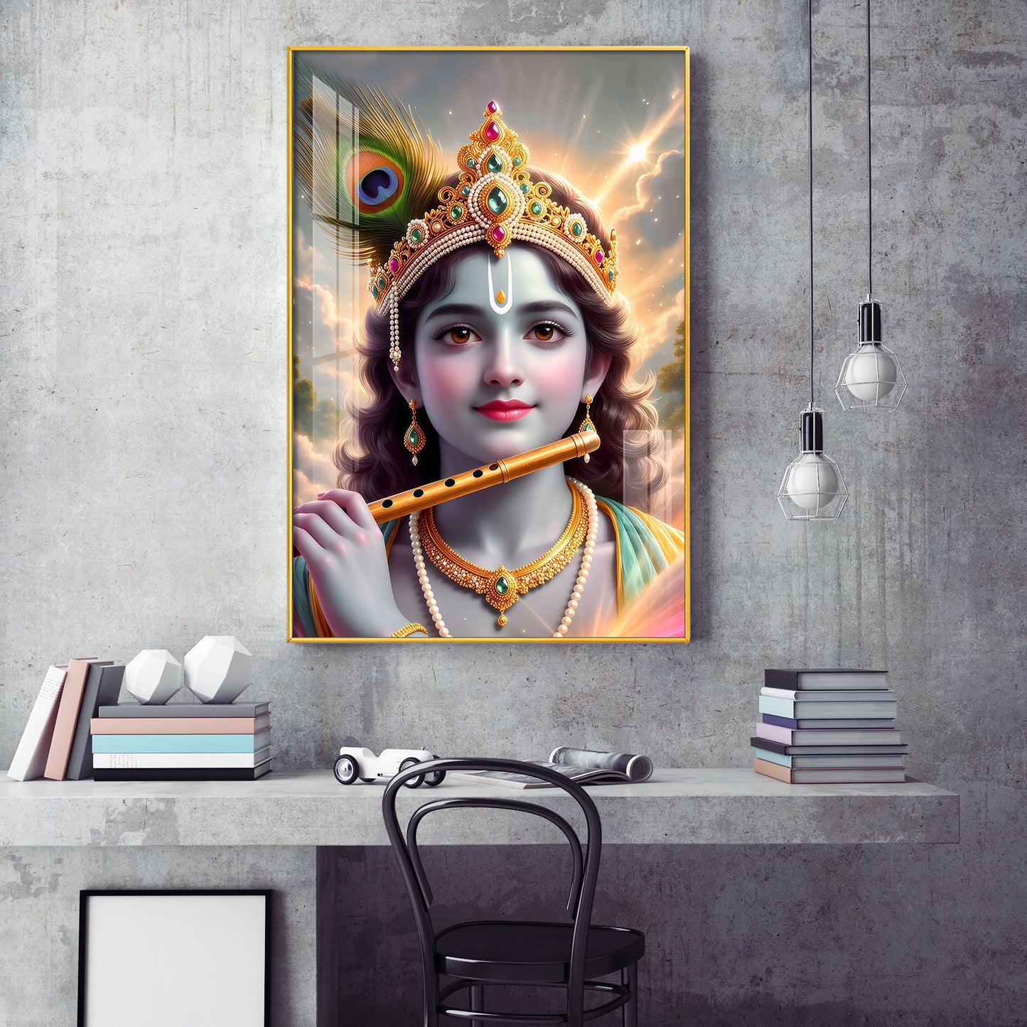 Shri Krishna Ji With Flute Glass Finish Vertical Wall Art