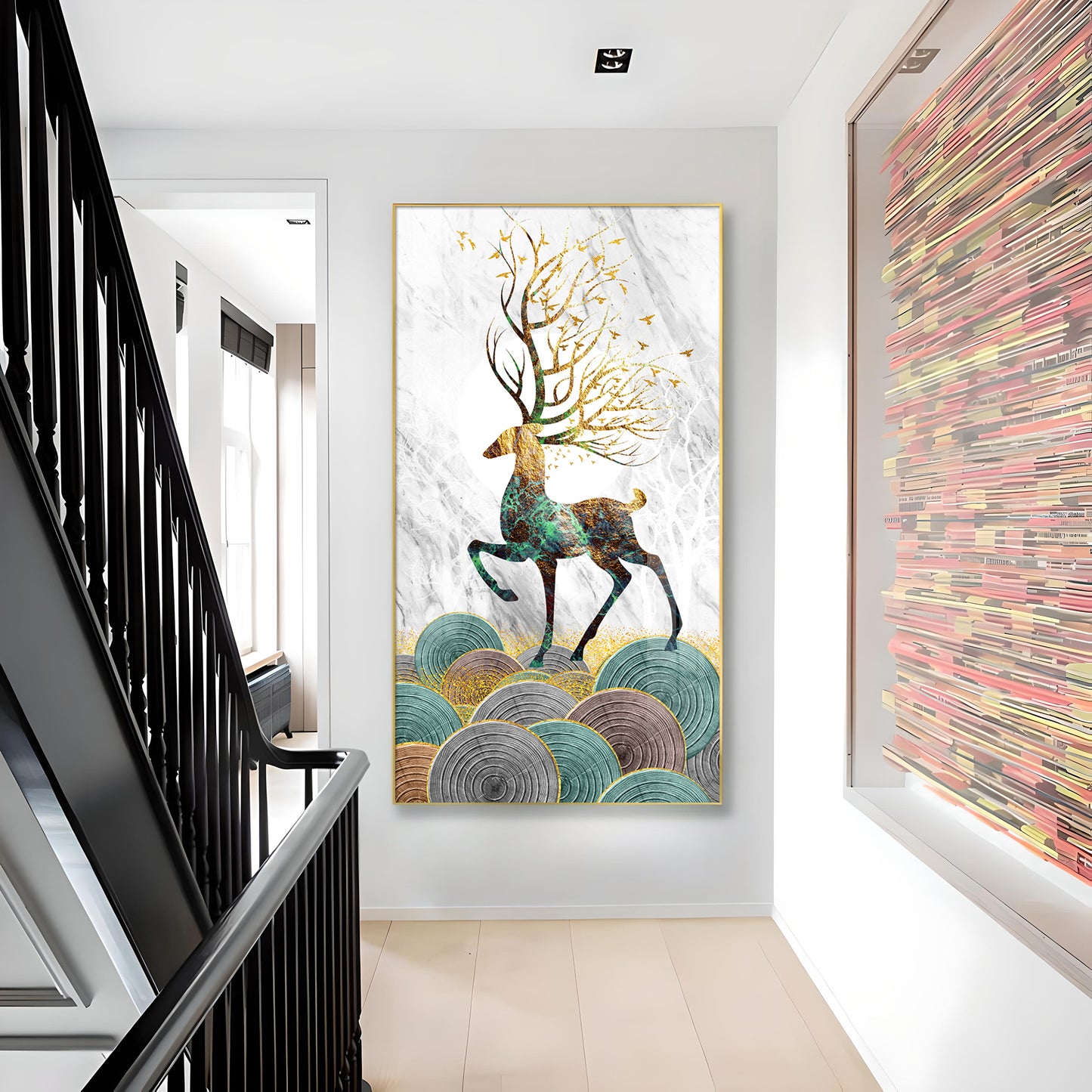 Deer and Its Branches Glass Finish Vertical Wall Art