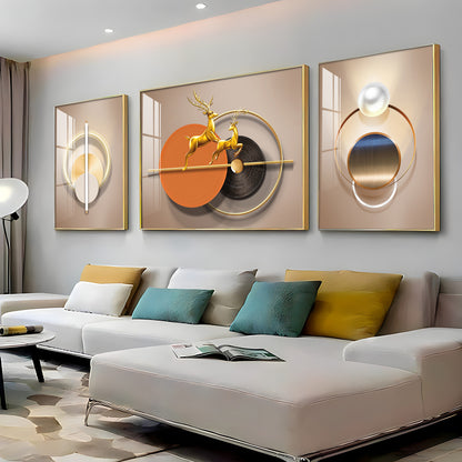 Golden Dancing Deer Glass Finish Wall Art (Set Of 3)