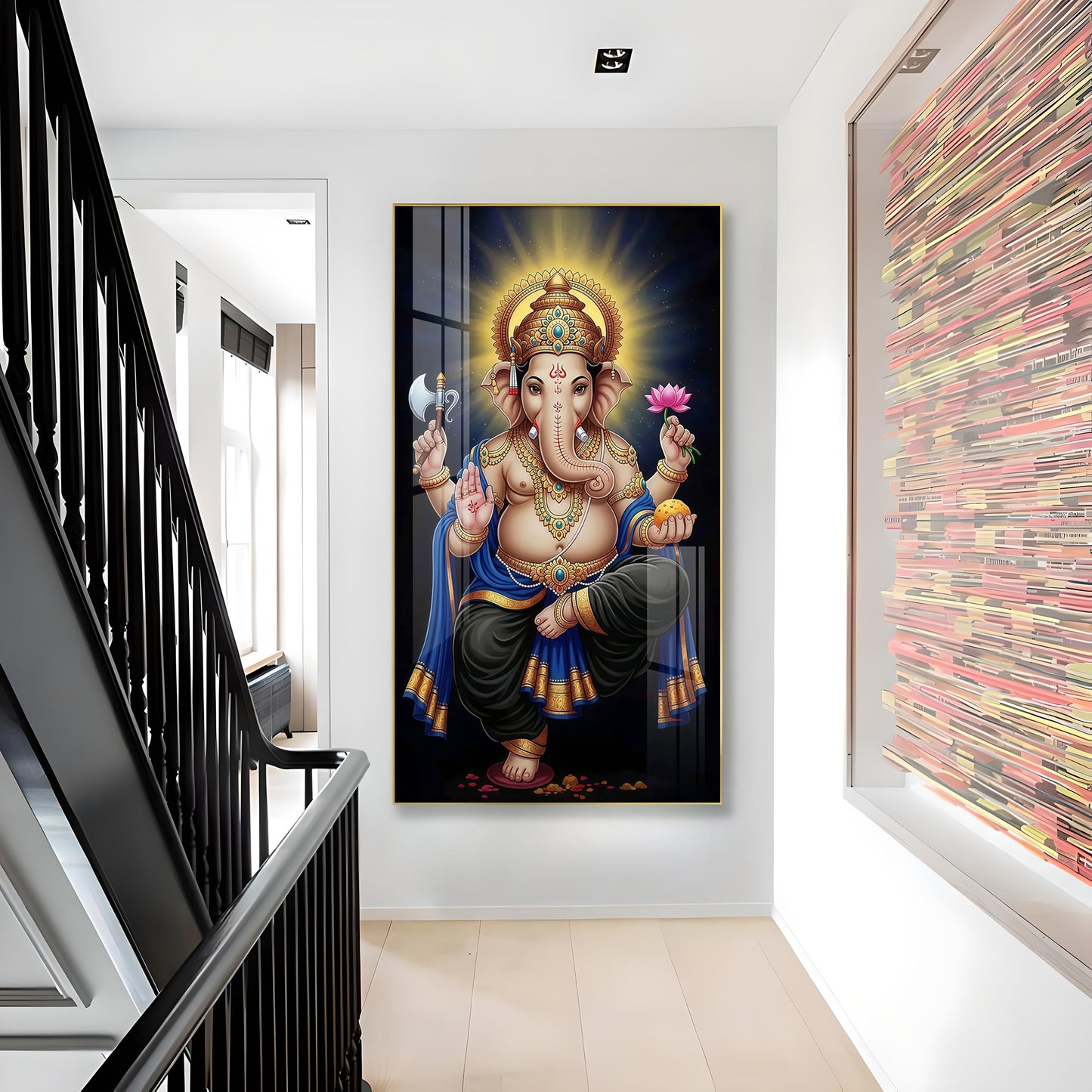 Om Gan Ganpataye Glass Finish Vertical Wall Art