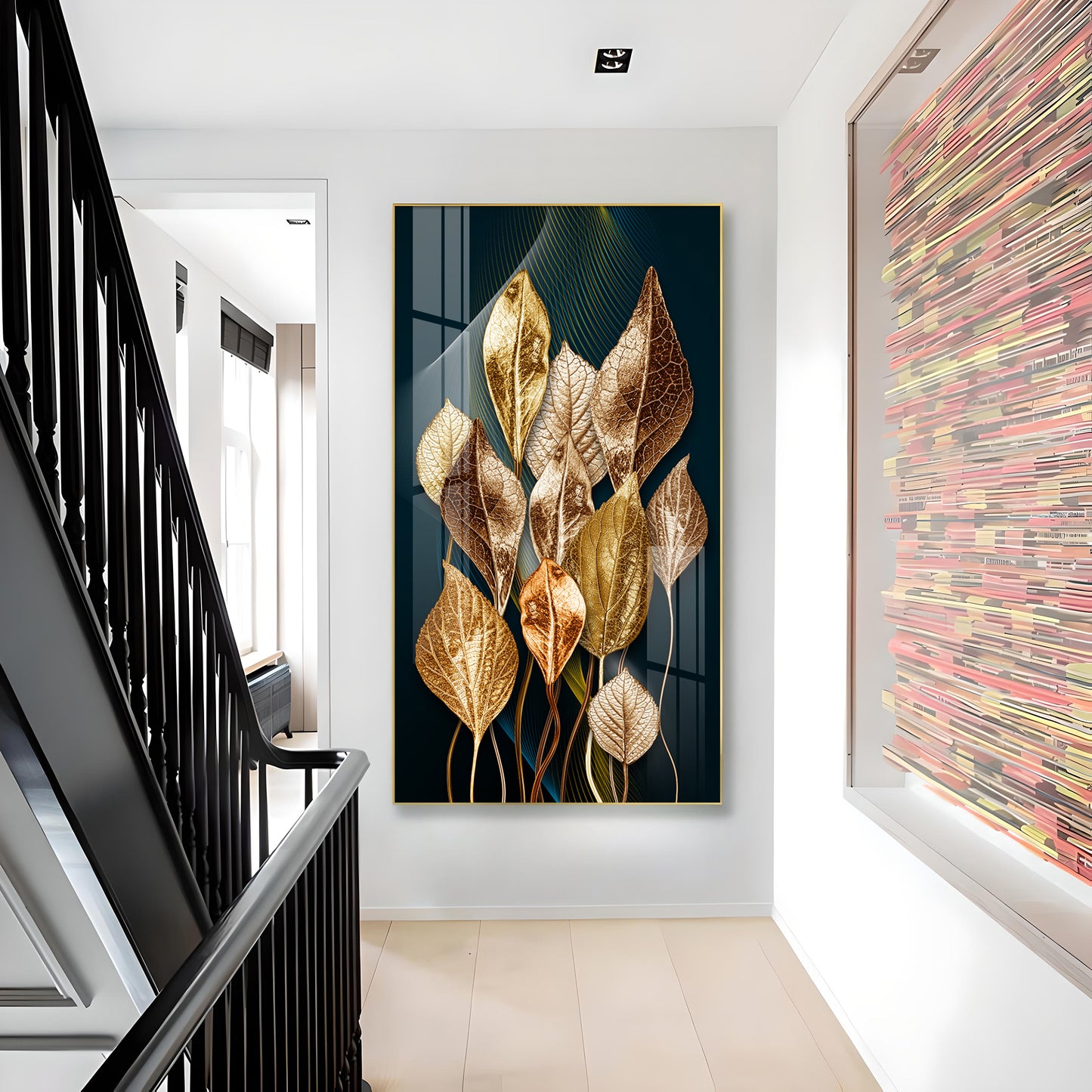 Golden Leafy Luxe Glass Finish Vertical Wall Art