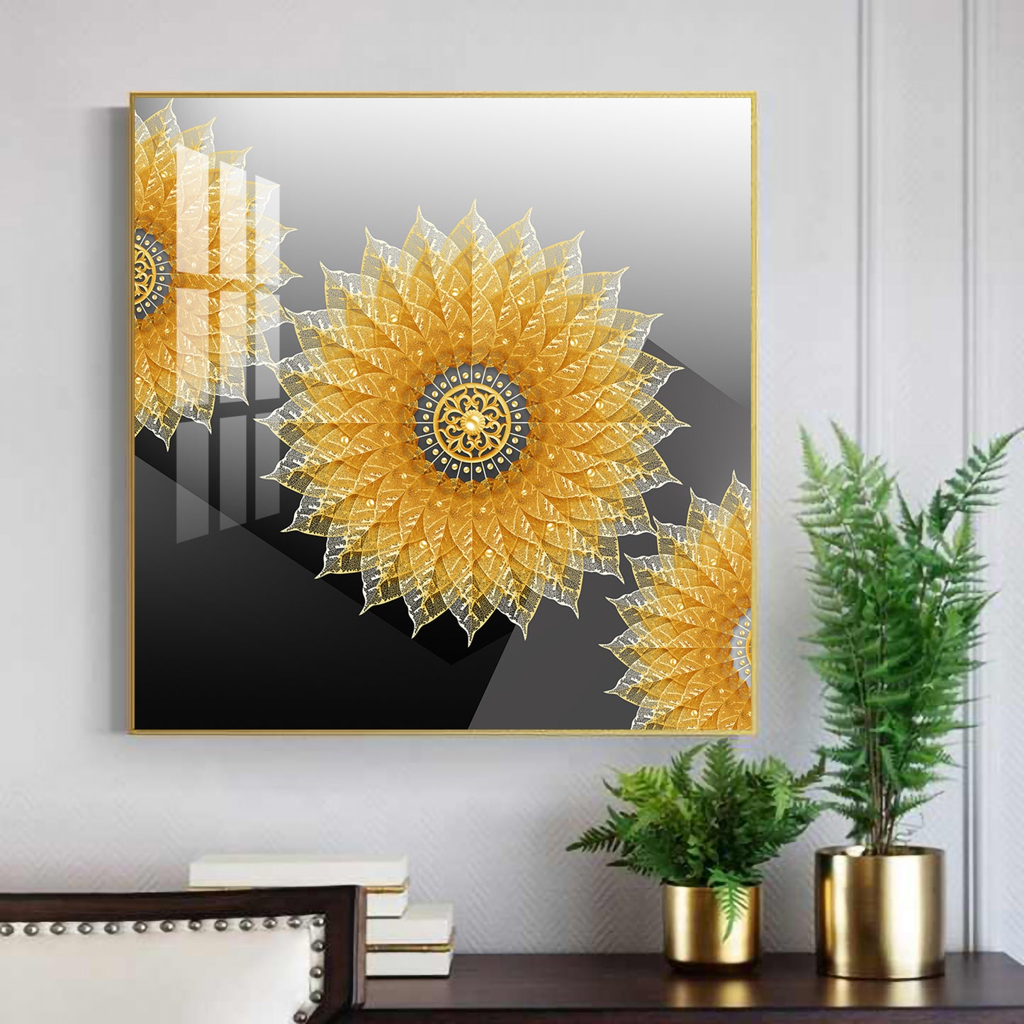 Golden Bloom Glass Finish Square Wall Art