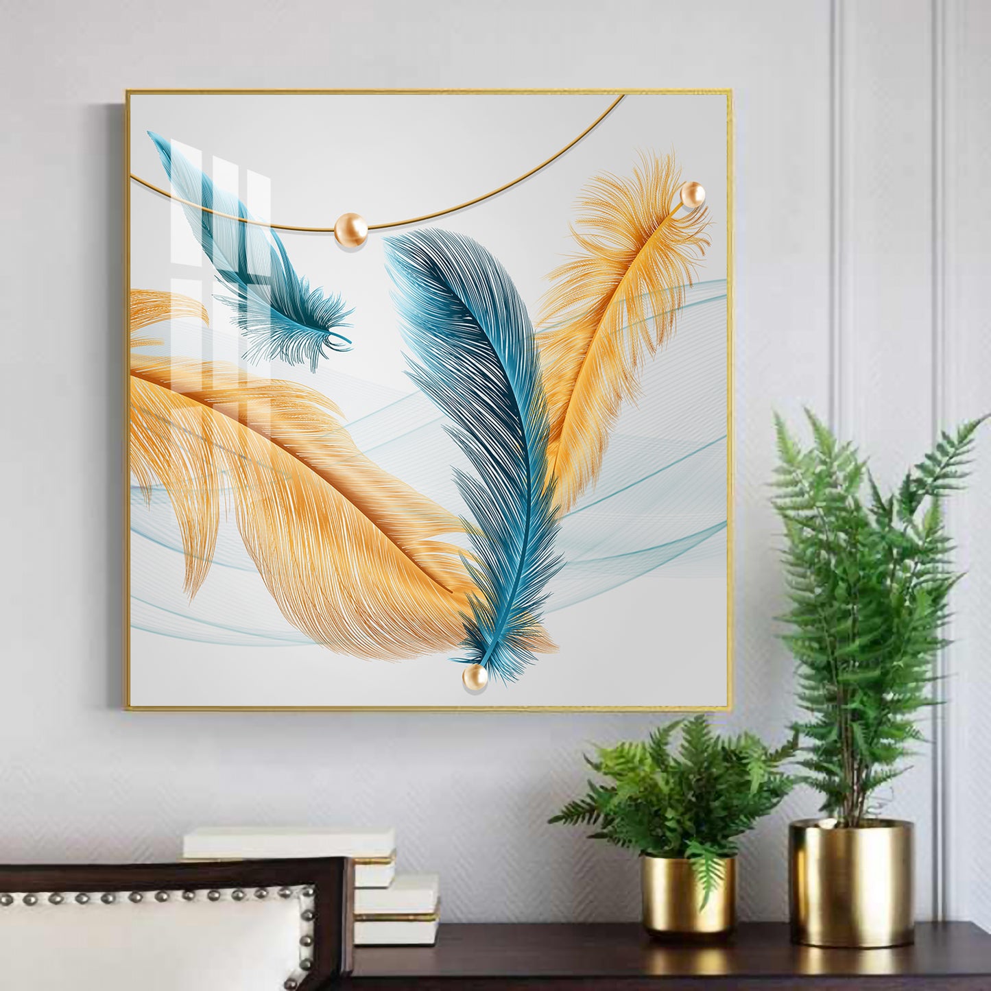 Radiant Blue and Yellow Plume Glass Finish Square Wall Art