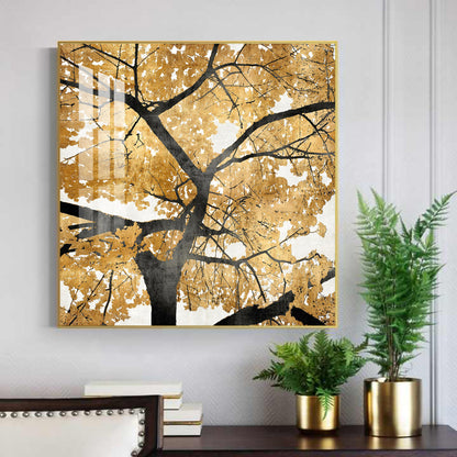 Radiant Tree of Gold Glass Finish Square Wall Art