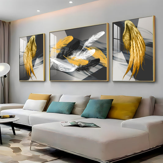 Golden & White Feather Glass Finish Wall Art (Set Of 3)