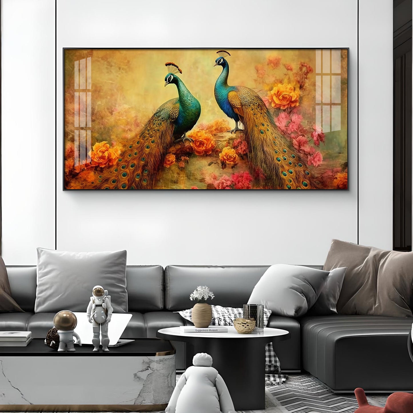 Two Peacock With Flower Background Glass Finish Horizontal Wall Art