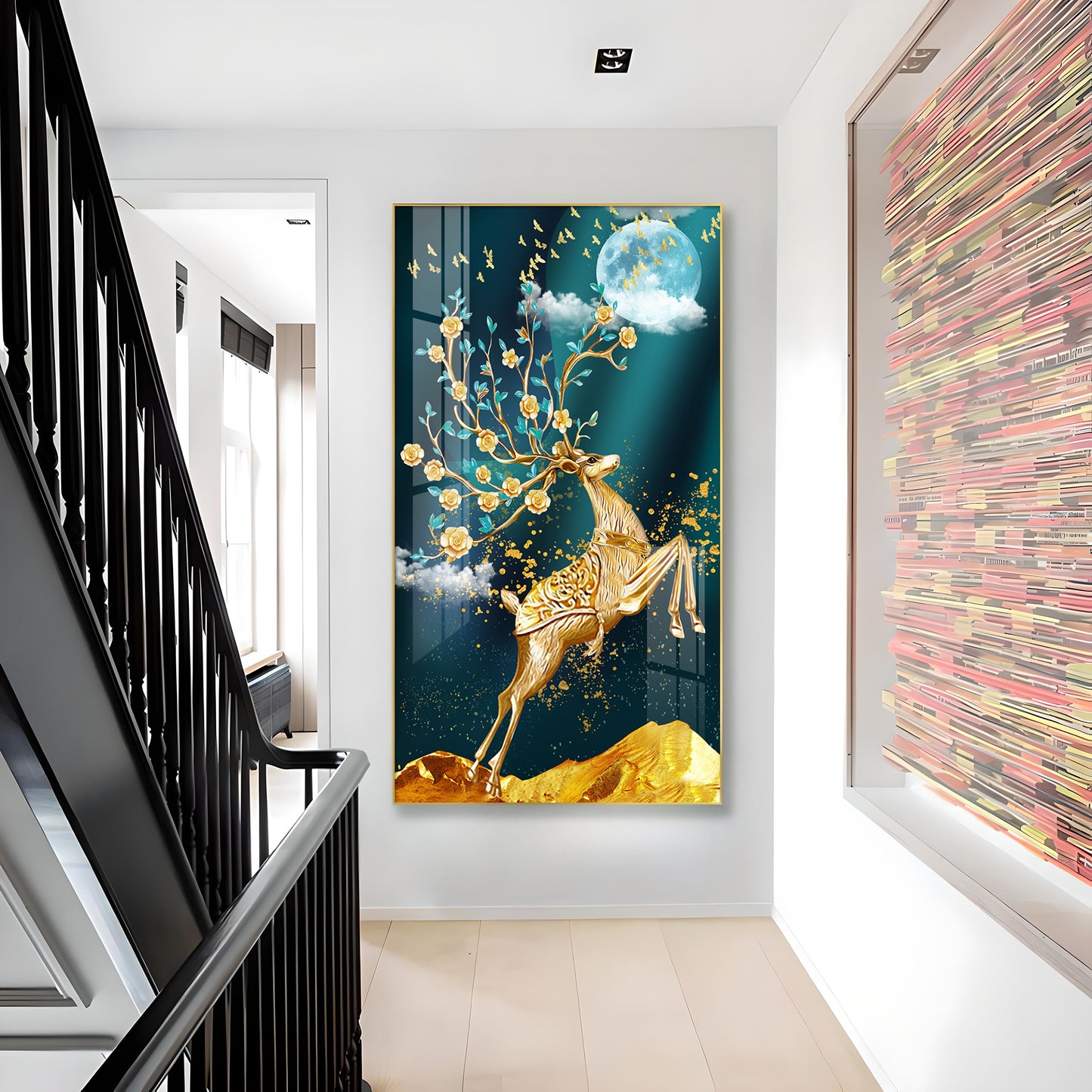 Golden Antlers and Blossoms Glass Finish Vertical Wall Art