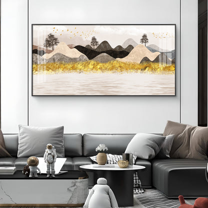 Colorful Golden Mountain Glass Finish Horizontal Wall Art