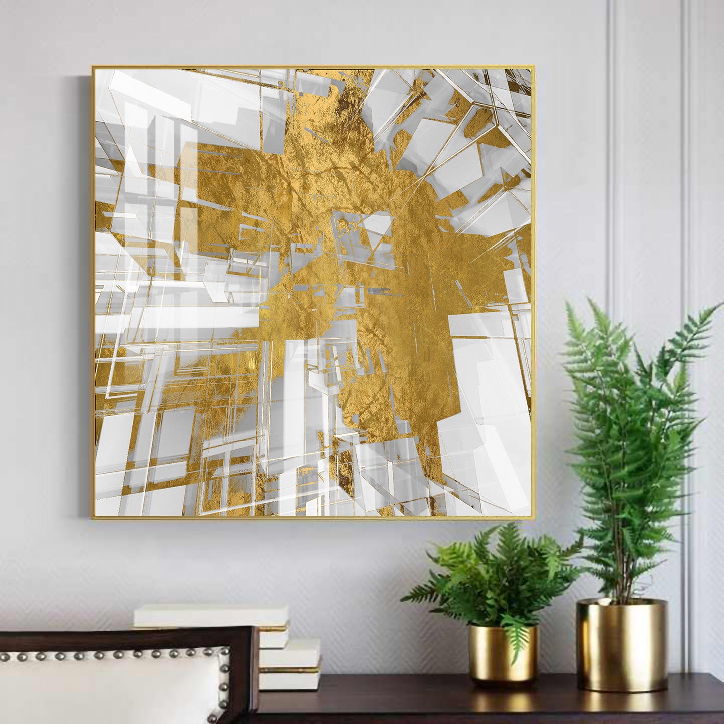 Symphony in Gold and White Glass Finish Square Wall Art