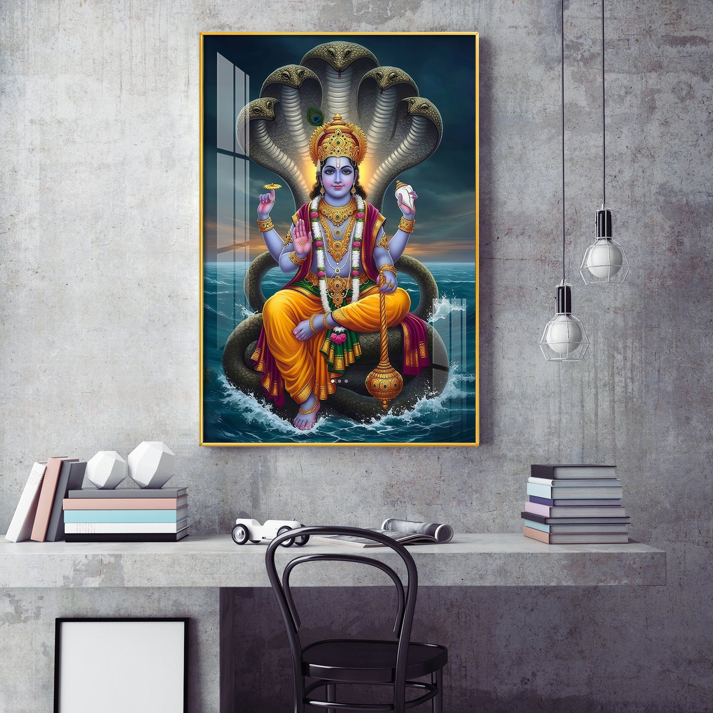 Jay Vishnu Bhagwan Glass Finish Vertical Wall Art