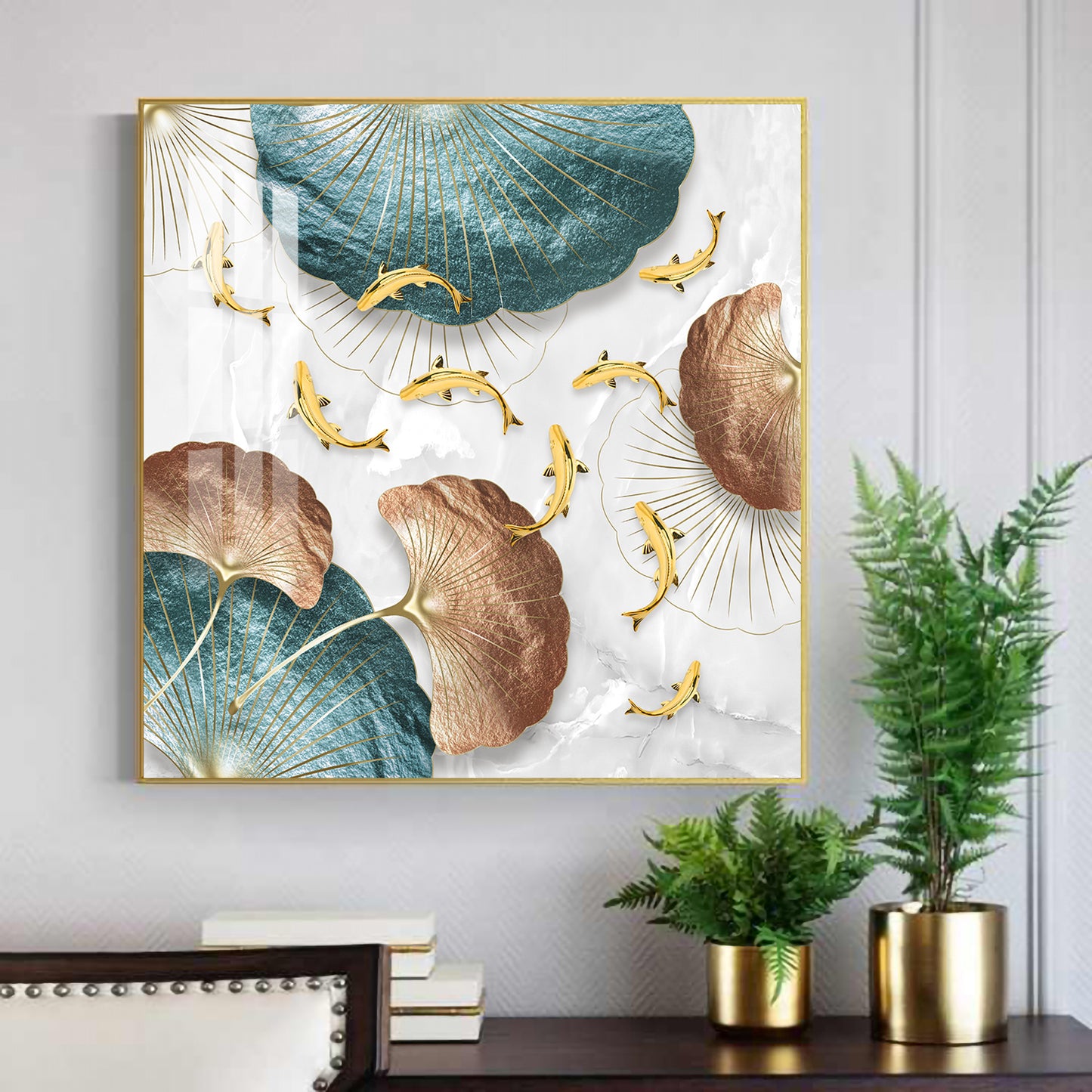 Opulent Blue Gold Flora Glass Finish Square Wall Art